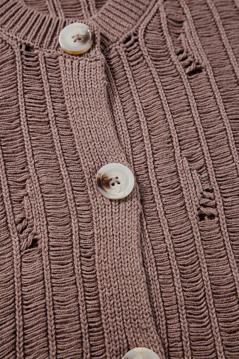Distressed Ribbed Knit Button Front V Neck Cardigan