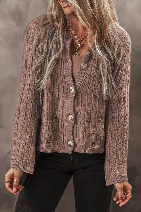Distressed Ribbed Knit Button Front V Neck Cardigan