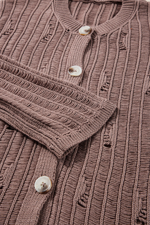 Distressed Ribbed Knit Button Front V Neck Cardigan