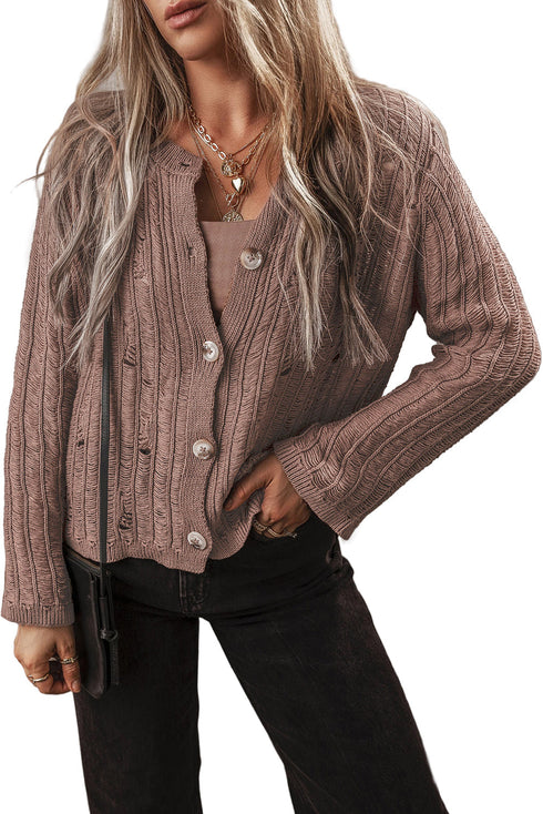 Distressed Ribbed Knit Button Front V Neck Cardigan