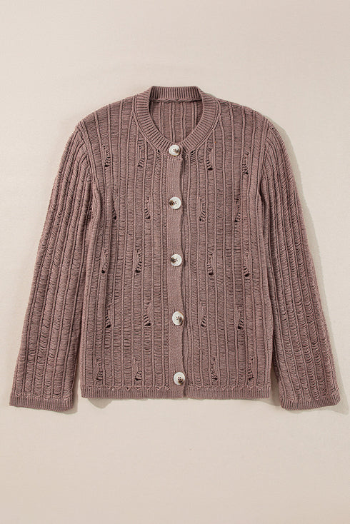 Distressed Ribbed Knit Button Front V Neck Cardigan