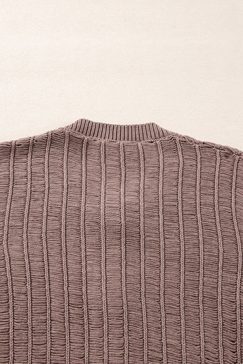 Distressed Ribbed Knit Button Front V Neck Cardigan