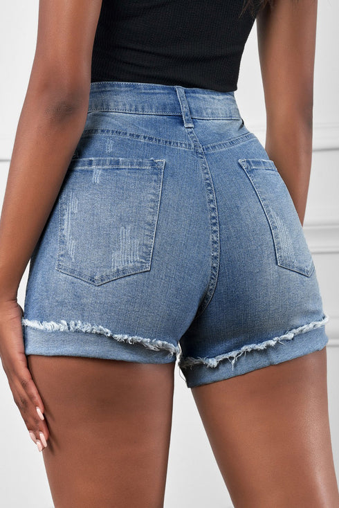 Distressed Ripped Rolled Hem Denim Shorts