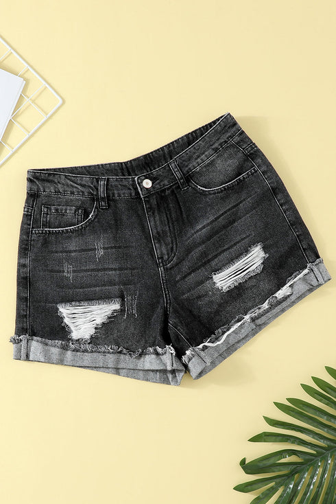 Distressed Ripped Rolled Hem Denim Shorts