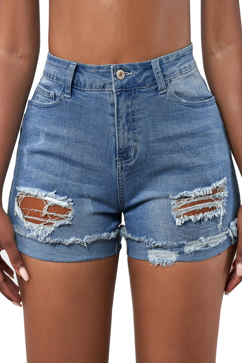 Distressed Ripped Rolled Hem Denim Shorts