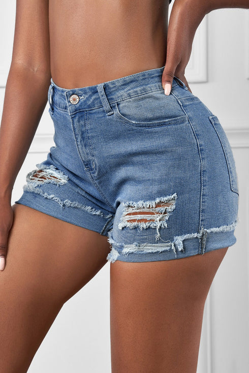 Distressed Ripped Rolled Hem Denim Shorts