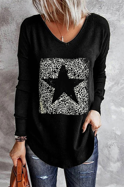 Distressed Star Graphic Long Sleeve V Neck Tunic Top