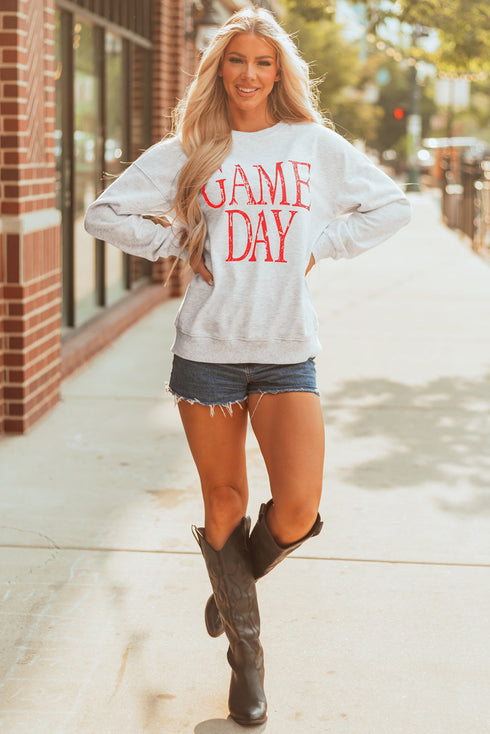 Distressed Varsity Font Graphic Crew Neck Sweatshirt