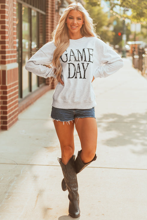 Distressed Varsity Font Graphic Crew Neck Sweatshirt
