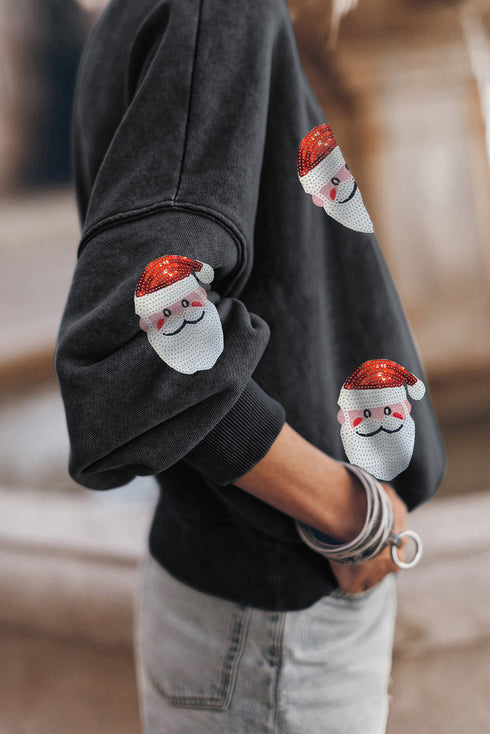 Distressed Wash Sequin Santa Graphic Crew Neck Sweatshirt