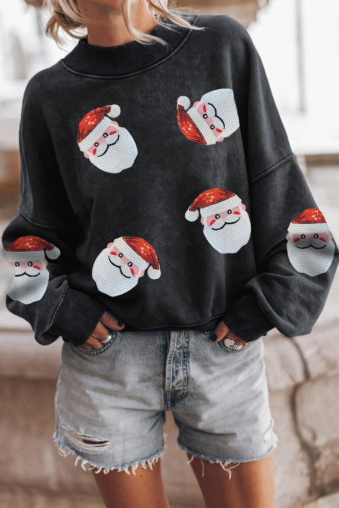 Distressed Wash Sequin Santa Graphic Crew Neck Sweatshirt