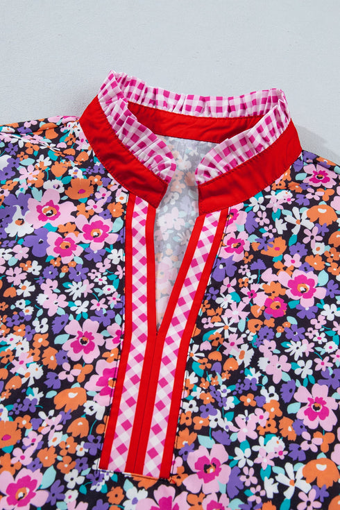 Ditsy Floral Print Plaid Trim V Neck Blouse