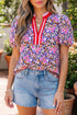 Ditsy Floral Print Plaid Trim V Neck Blouse