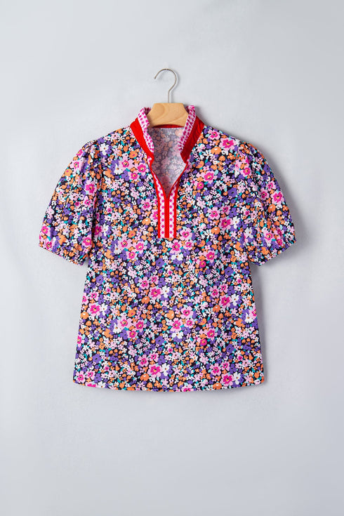 Ditsy Floral Print Plaid Trim V Neck Blouse
