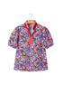 Ditsy Floral Print Plaid Trim V Neck Blouse