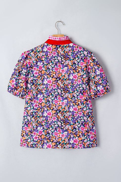 Ditsy Floral Print Plaid Trim V Neck Blouse