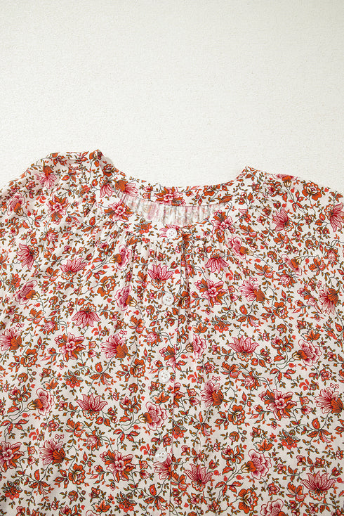 Ditsy Floral Print Split Neck Long Sleeve Blouse