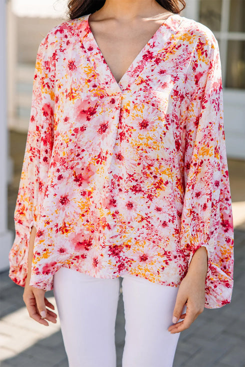 Ditsy Floral Print V Neck Bubble Sleeve Blouse