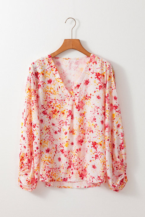 Ditsy Floral Print V Neck Bubble Sleeve Blouse