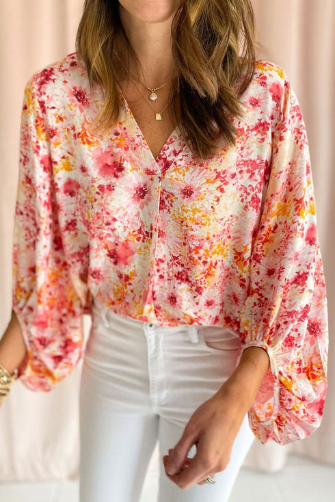 Ditsy Floral Print V Neck Bubble Sleeve Blouse