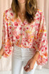 Ditsy Floral Print V Neck Bubble Sleeve Blouse