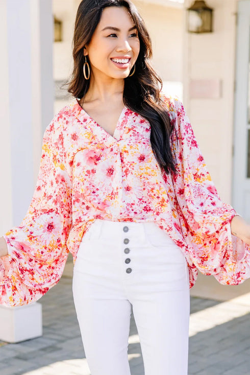 Ditsy Floral Print V Neck Bubble Sleeve Blouse
