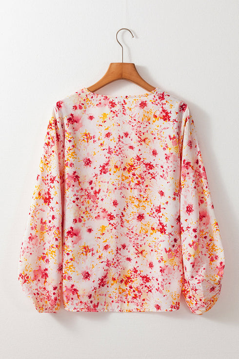 Ditsy Floral Print V Neck Bubble Sleeve Blouse