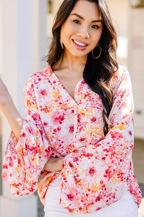 Ditsy Floral Print V Neck Bubble Sleeve Blouse