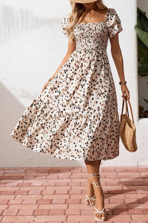 Ditsy Print Smocked Square Neck Ruffle Sleeve Floral Dress