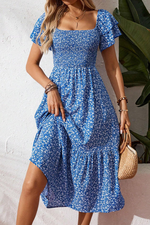 Ditsy Print Smocked Square Neck Ruffle Sleeve Floral Dress