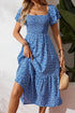 Ditsy Print Smocked Square Neck Ruffle Sleeve Floral Dress