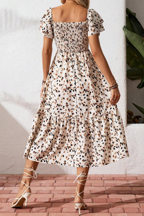 Ditsy Print Smocked Square Neck Ruffle Sleeve Floral Dress