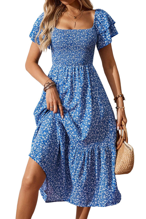 Ditsy Print Smocked Square Neck Ruffle Sleeve Floral Dress