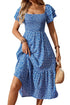 Ditsy Print Smocked Square Neck Ruffle Sleeve Floral Dress