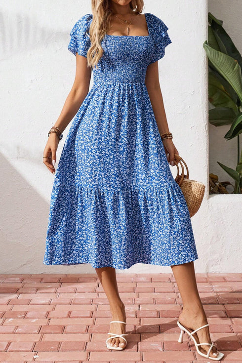 Ditsy Print Smocked Square Neck Ruffle Sleeve Floral Dress