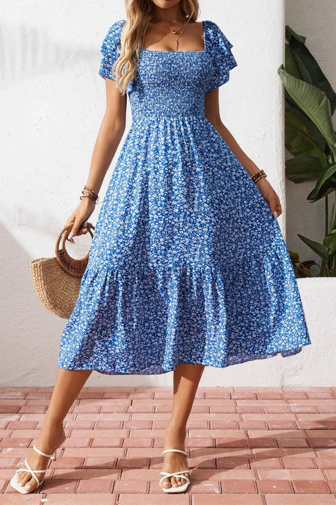 Ditsy Print Smocked Square Neck Ruffle Sleeve Floral Dress