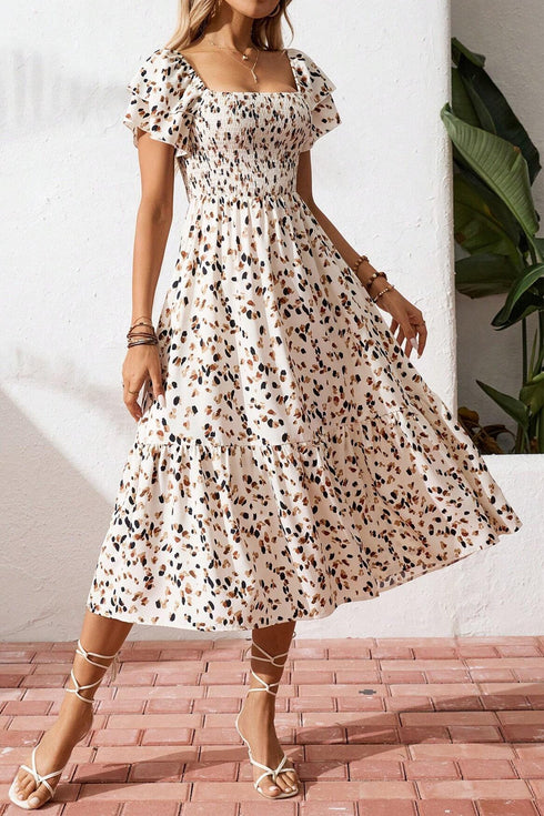 Ditsy Print Smocked Square Neck Ruffle Sleeve Floral Dress
