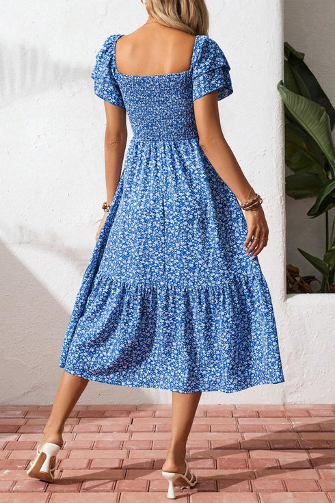 Ditsy Print Smocked Square Neck Ruffle Sleeve Floral Dress
