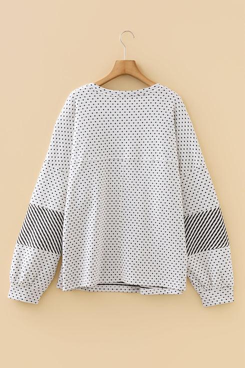 Dot Print Striped Patchwork Long Sleeve Henley Shirt