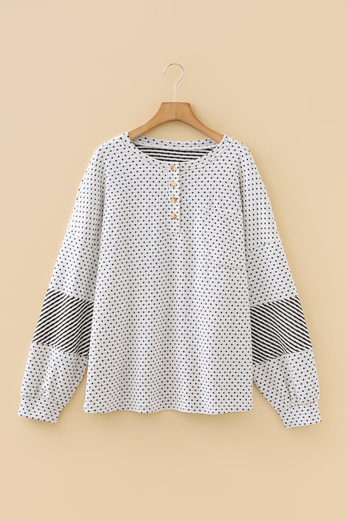 Dot Print Striped Patchwork Long Sleeve Henley Shirt