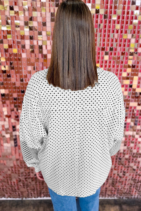 Dot Print Striped Patchwork Long Sleeve Henley Shirt