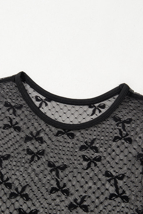 Dotted Mesh Bow Tie Long Sleeve Slim Fit Blouse