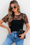 Dotted Mesh Bow Tie Long Sleeve Slim Fit Blouse