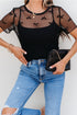 Dotted Mesh Bow Tie Long Sleeve Slim Fit Blouse