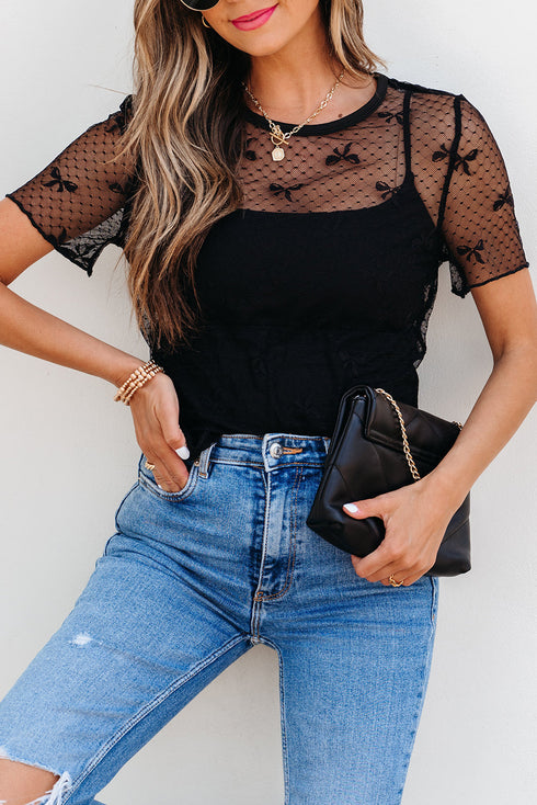 Dotted Mesh Bow Tie Long Sleeve Slim Fit Blouse
