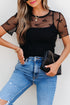 Dotted Mesh Bow Tie Long Sleeve Slim Fit Blouse