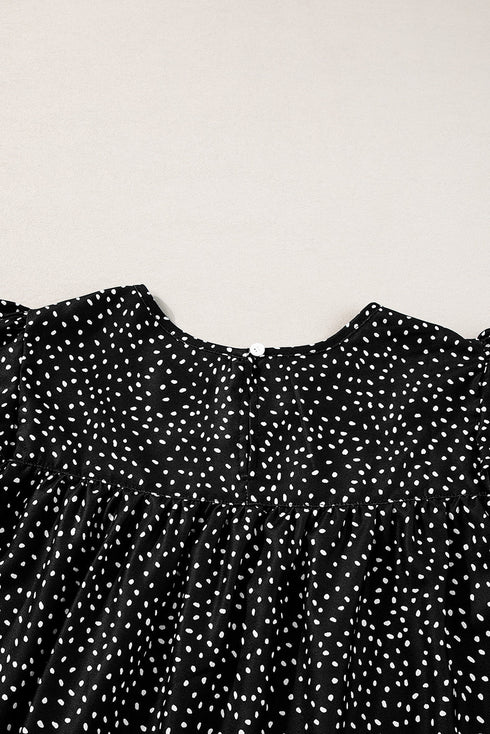 Dotted Ruffle Sleeve Crew Neck Ruched Blouse