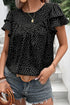 Dotted Ruffle Sleeve Crew Neck Ruched Blouse