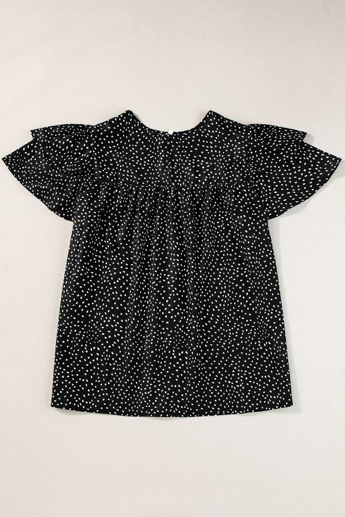 Dotted Ruffle Sleeve Crew Neck Ruched Blouse