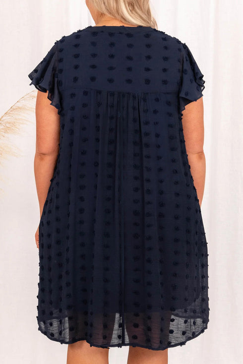 Dotty Textured Notched Neck Plus Ruffled Dress